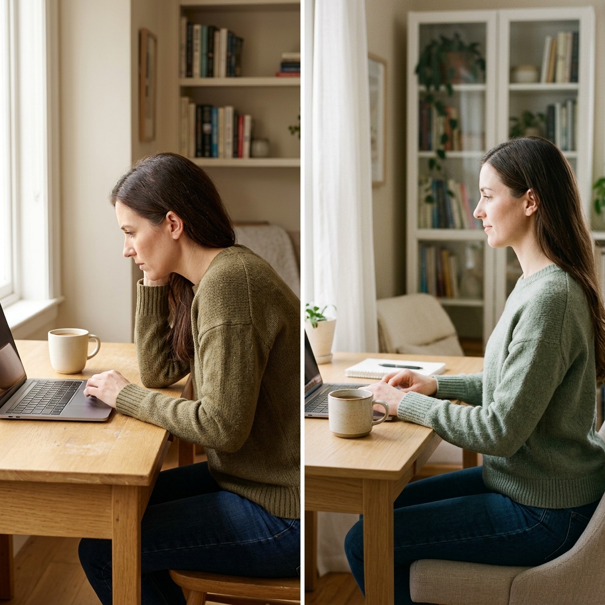 A woman sitting tall at her desk, seen from the side