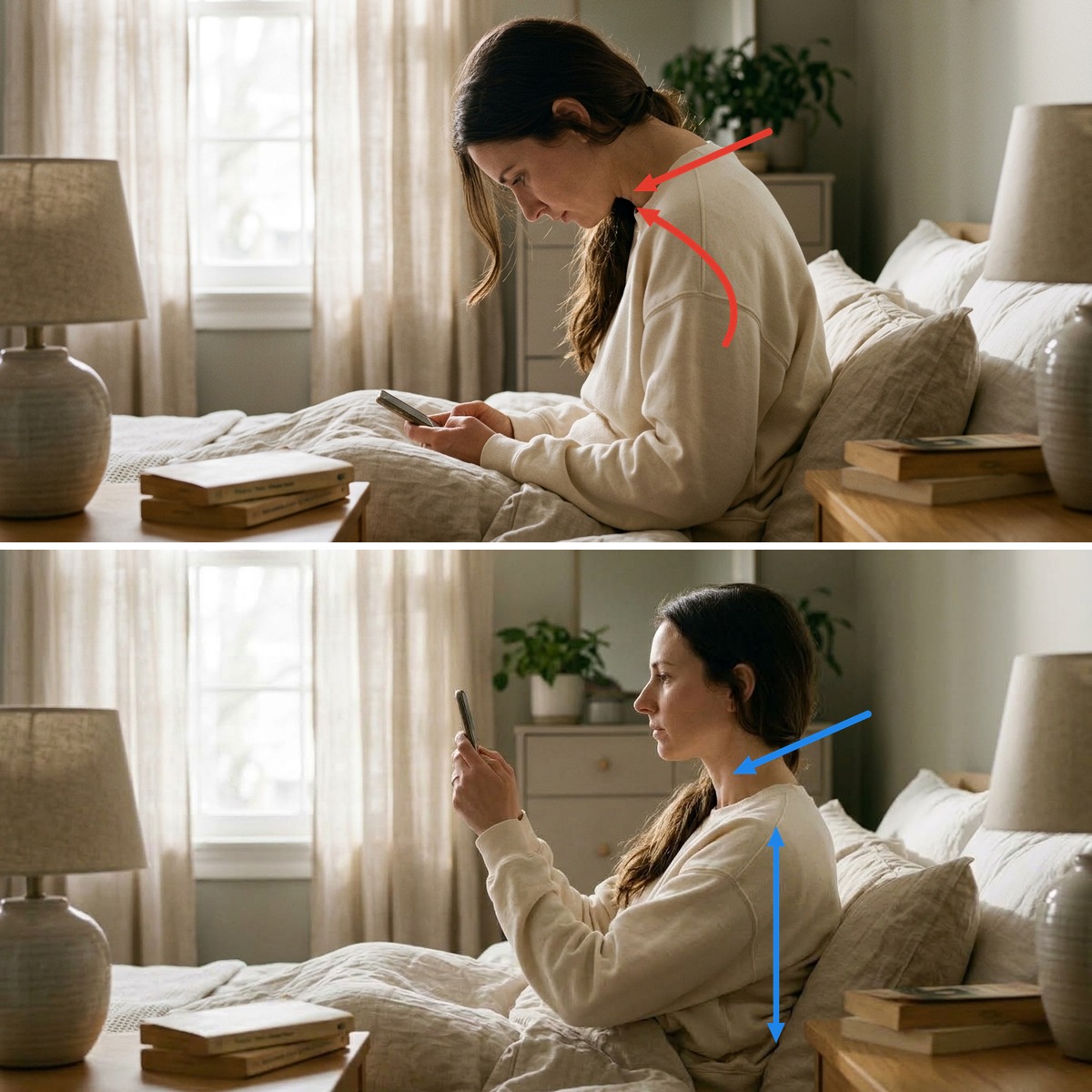 The same woman propped up in bed: head craned over her phone with red arrows on her neck, then head back on the pillows with a blue line down her back