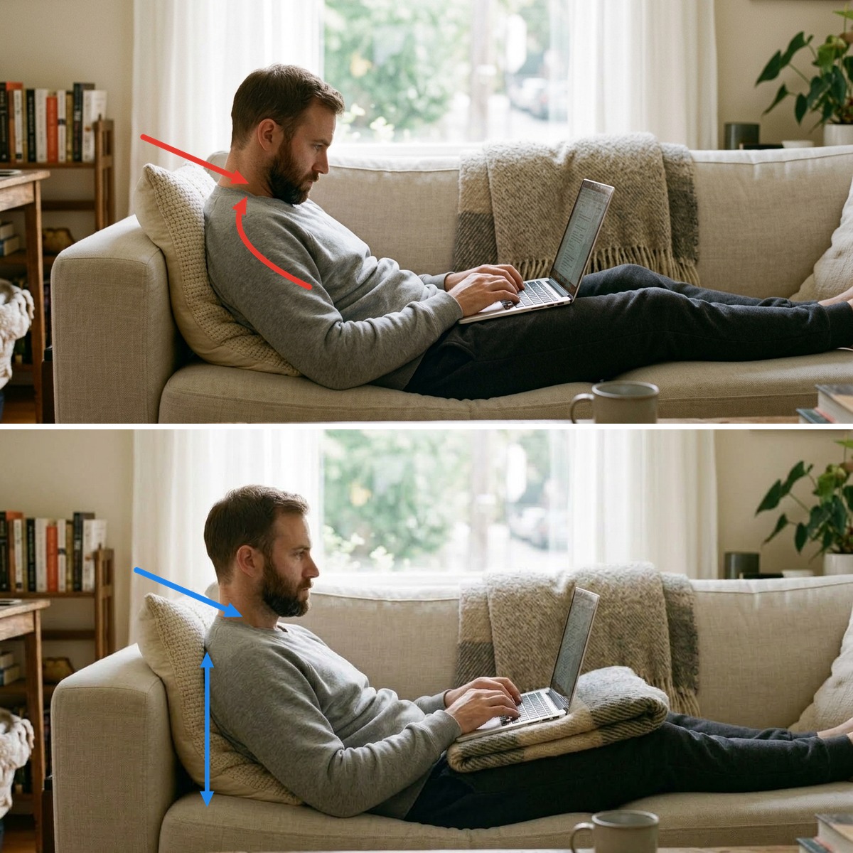 The same man lying back on his sofa: chin pushed onto his chest with red arrows on his bent neck, then head resting back with a blue line down his back