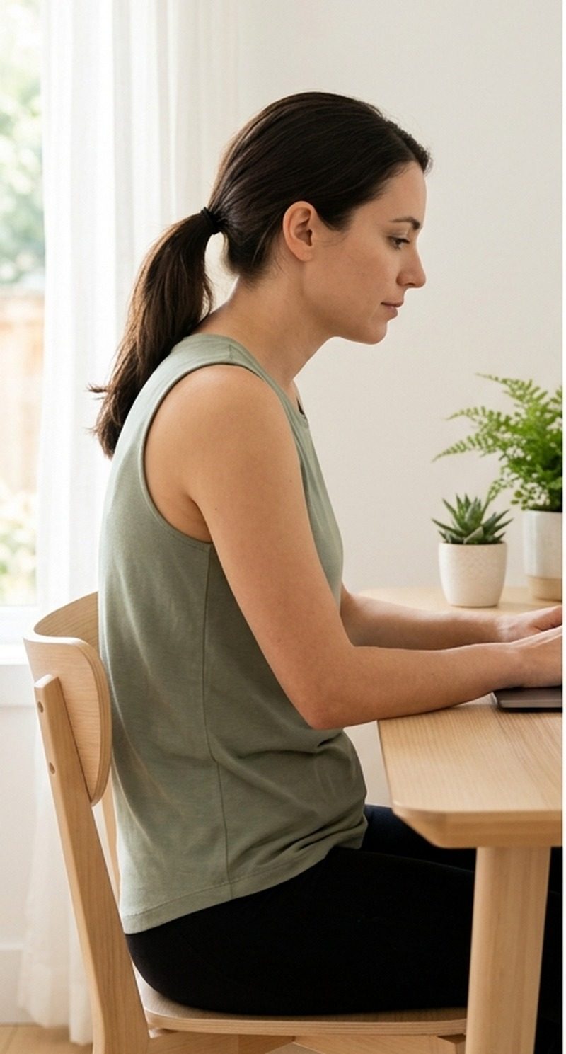 A woman slouching at her desk, seen from the side