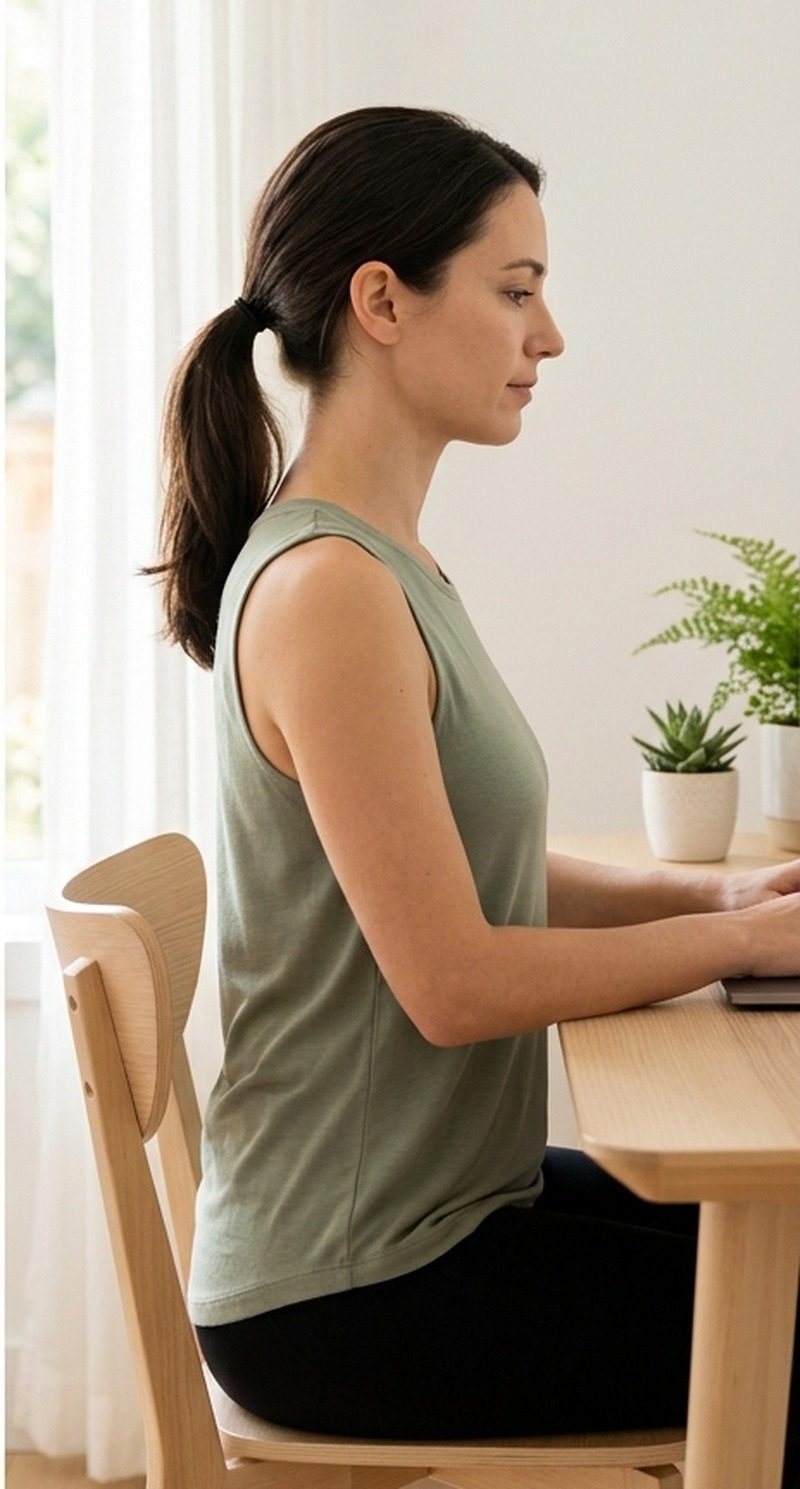 The same woman sitting tall at her desk, seen from the side