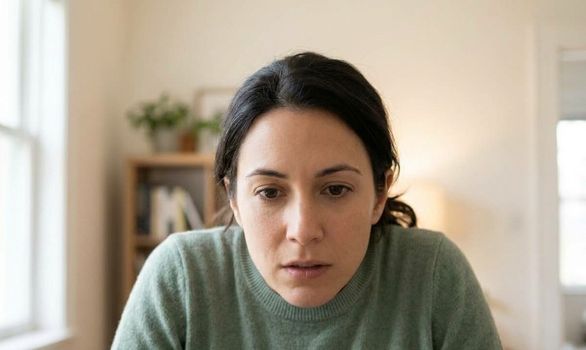 A woman at her desk seen from her laptop camera, head pushed forward toward the screen