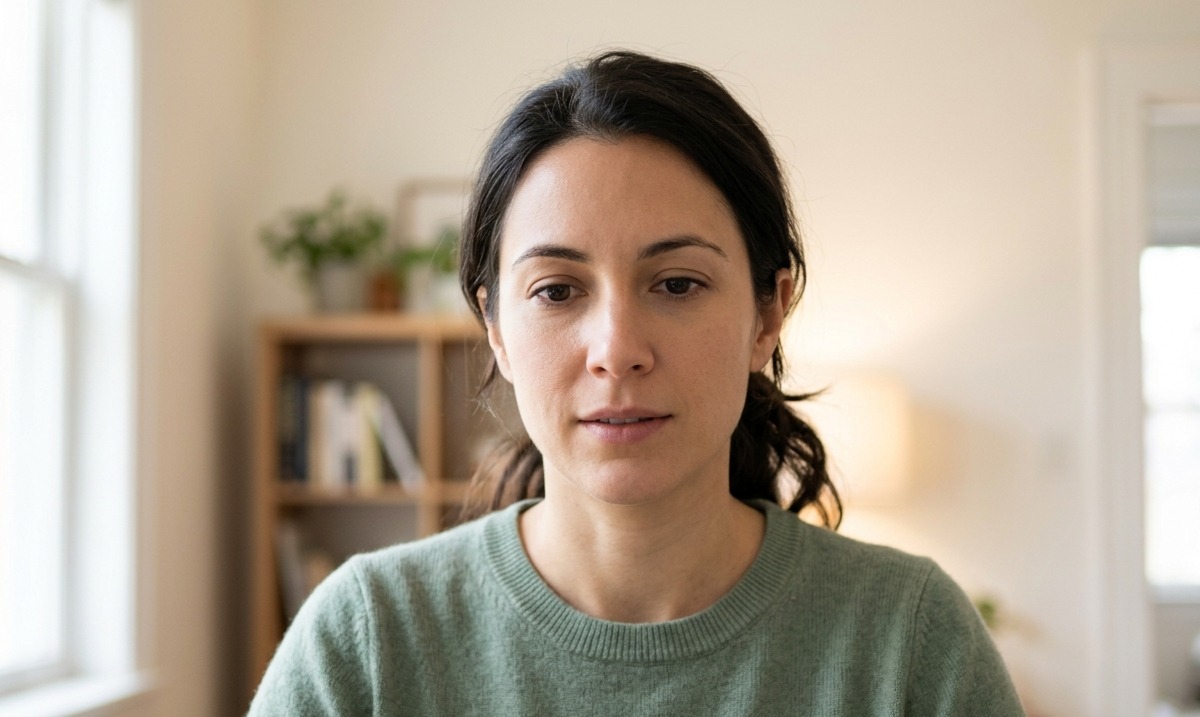 The same woman from the same camera, sitting tall with her head over her shoulders