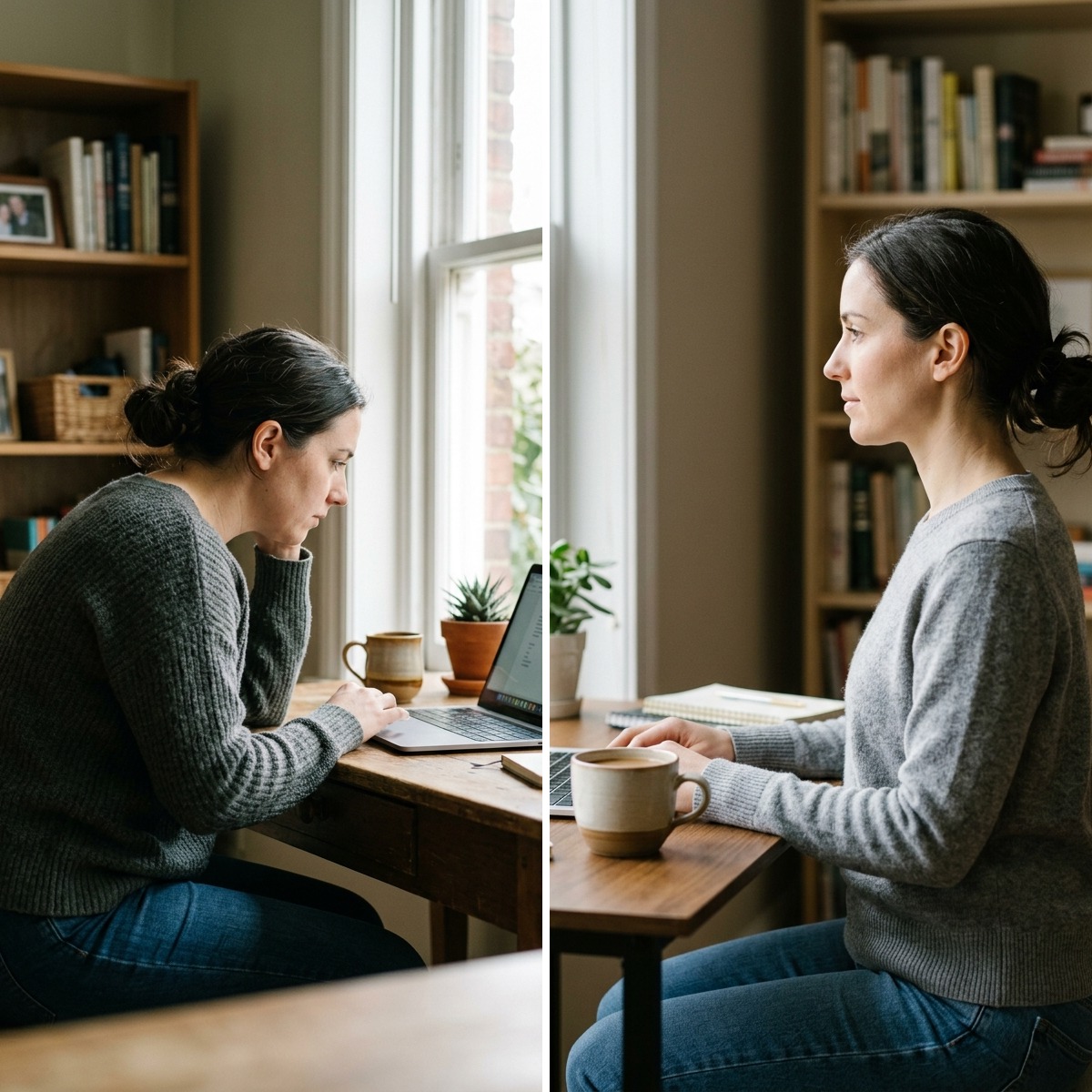 A woman working at her laptop at a desk at home, camera facing her