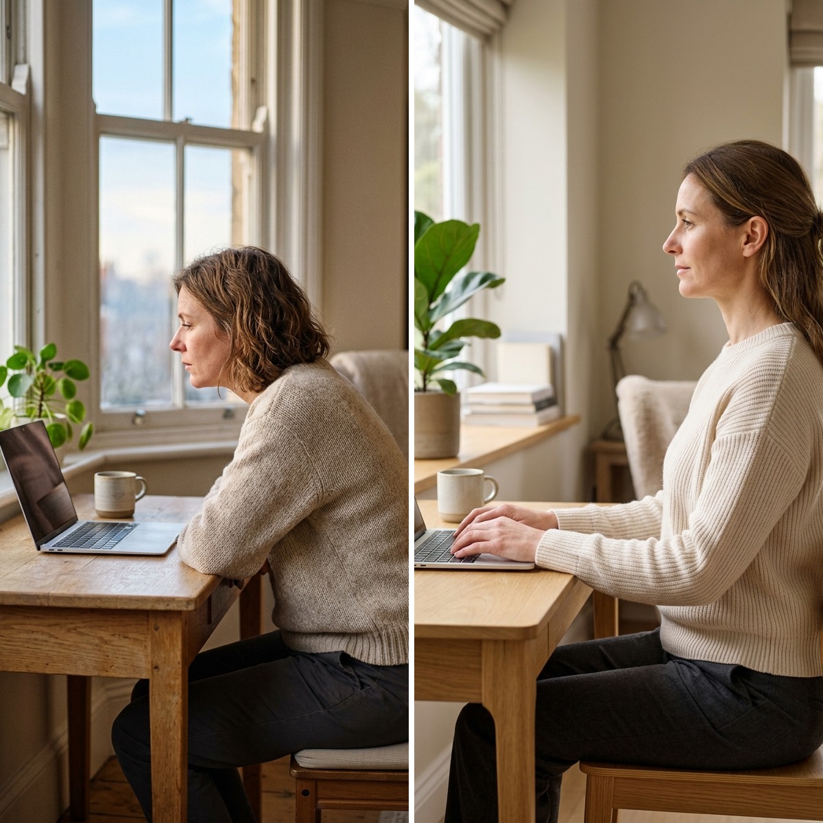 A woman standing by her desk drawing her shoulders back on a short break