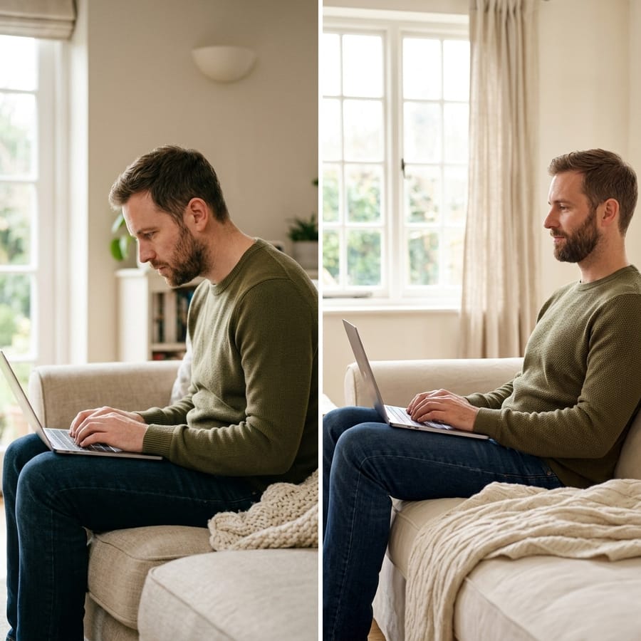 The same man on his sofa: head forward over his laptop, then upright